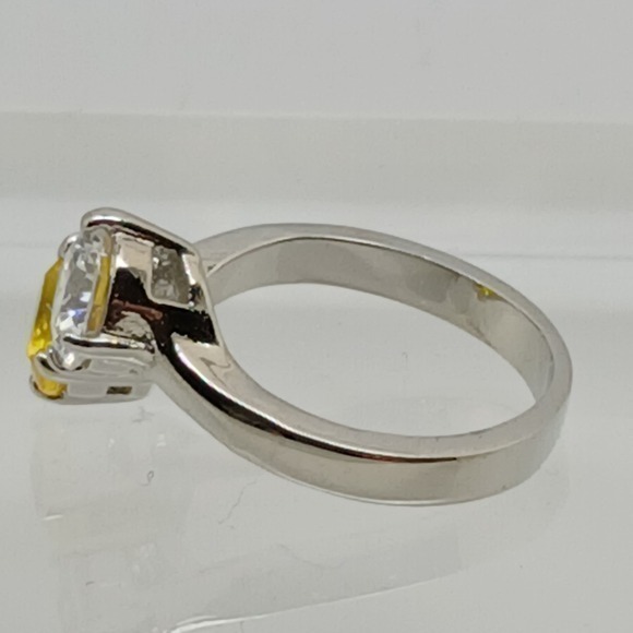 Silver Tone Bypass Ring Two Stone Yellow Sapphire Clear CZ Round Cut Size 7 - Picture 6 of 11